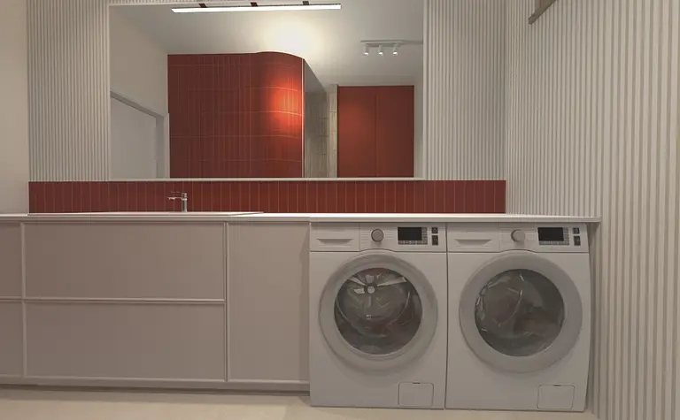 Pralnia w stylu eklektycznym z białymi urządzeniami i czerwonymi płytkami.