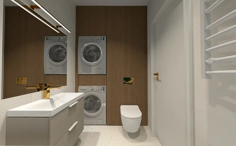 Współczesna łazienka z pralką, drewnianymi elementami i nowoczesnymi akcesoriami.