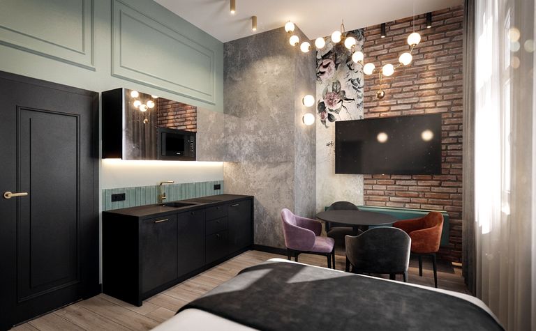 Wnętrze z czarnymi meblami, brickową ścianą, styl art deco, dopamine decor, eklektyczny