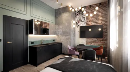 Wnętrze z czarnymi meblami, brickową ścianą, styl art deco, dopamine decor, eklektyczny