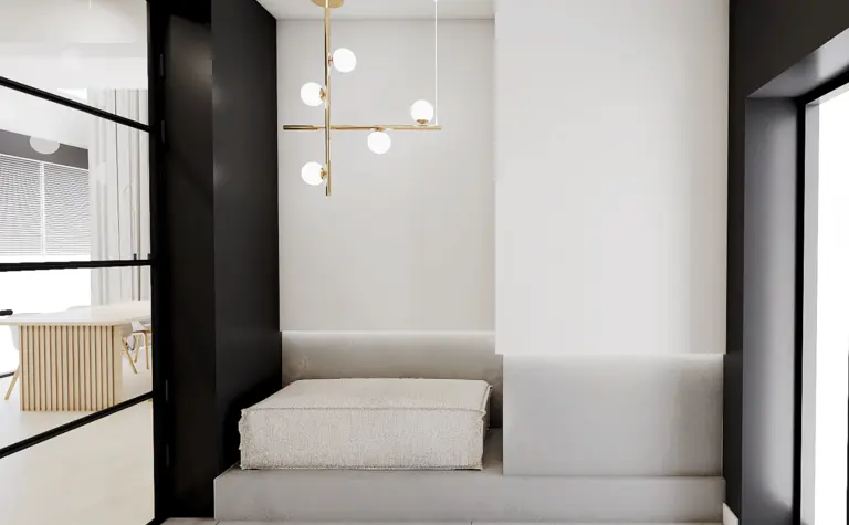 Przedpokój w stylu minimalistycznym z białymi ścianami, czarnymi detalami i nowoczesnym oświetleniem.
