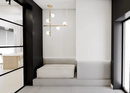 Przedpokój w stylu minimalistycznym z białymi ścianami, czarnymi detalami i nowoczesnym oświetleniem.
