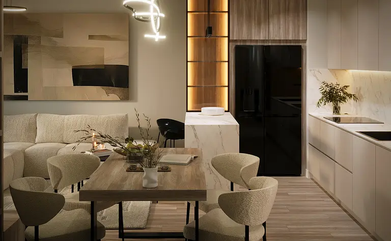 Wnętrze minimalistycznej kuchni z drewnianym stołem, beżowymi krzesłami i nowoczesnymi akcentami.
