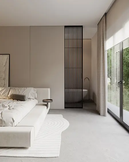 Wnętrze sypialni w stylu japandi i minimalistycznym z białym łóżkiem i szarymi detalami