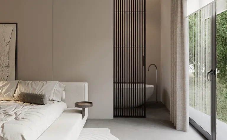 Wnętrze sypialni w stylu japandi i minimalistycznym z białym łóżkiem i szarymi detalami