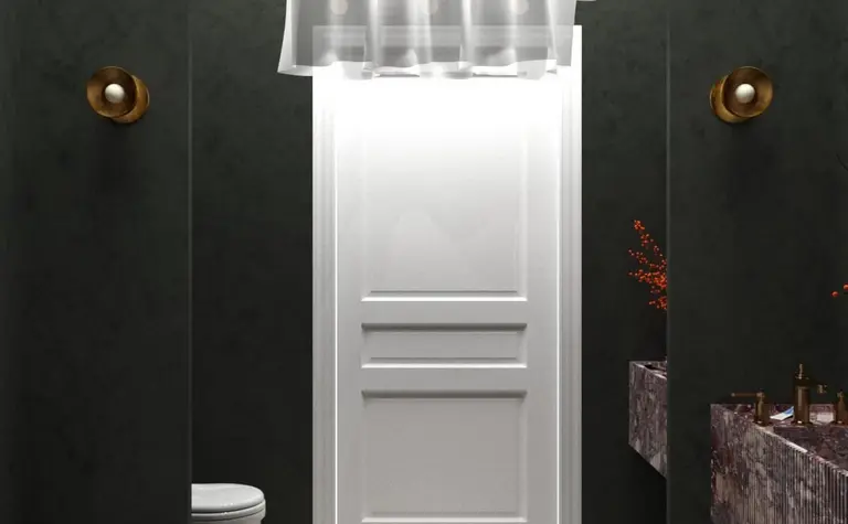 Wnętrze łazienki w stylu art deco, minimaluxe i quiet luxury z białymi i szarymi elementami.