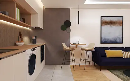 Wnętrze kuchni w stylu art deco, eklektycznym i industrialnym z jasnymi meblami