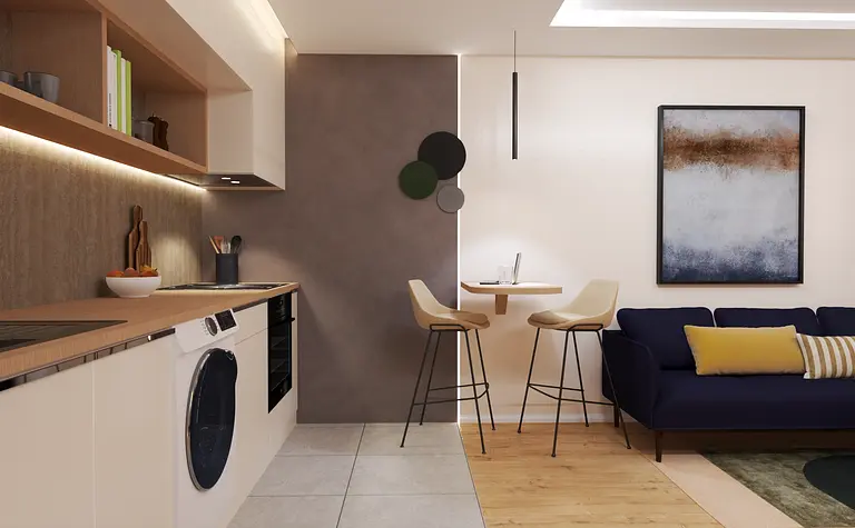 Wnętrze kuchni w stylu art deco, eklektycznym i industrialnym z jasnymi meblami