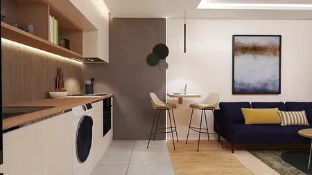 Wnętrze kuchni w stylu art deco, eklektycznym i industrialnym z jasnymi meblami
