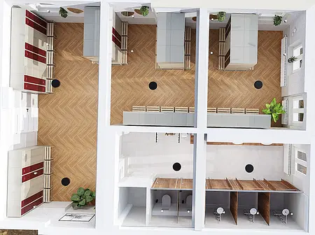 Biuro w stylu industrialnym z minimalistycznym wystrojem, skandynawskim akcentem.