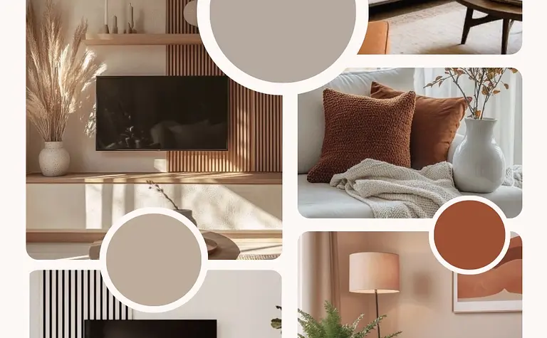 Wnętrze salonu w stylu boho i skandynawskim z naturalnymi materiałami.