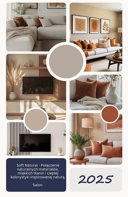 Wnętrze salonu w stylu boho i skandynawskim z naturalnymi materiałami.
