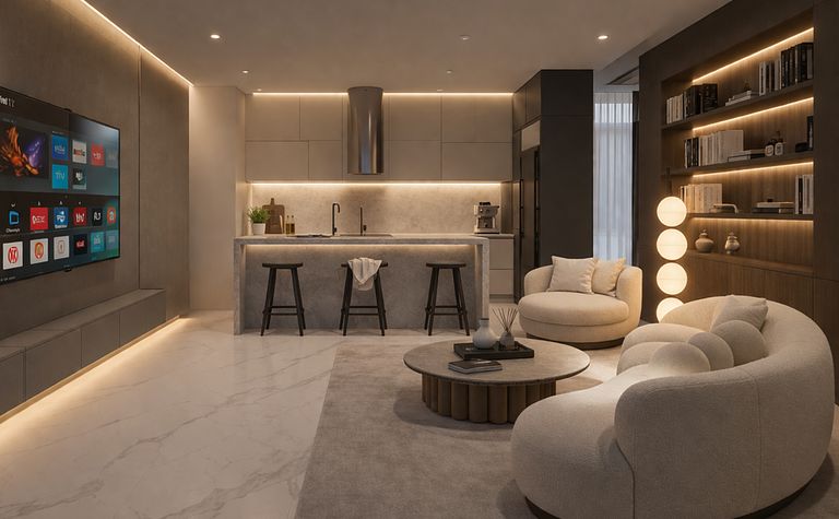 Nowoczesne wnętrze kuchni w stylu soft minimalizm i współczesnym z jasnymi meblami.