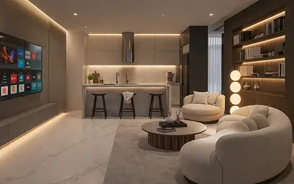 Nowoczesne wnętrze kuchni w stylu soft minimalizm i współczesnym z jasnymi meblami.