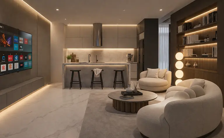 Nowoczesne wnętrze kuchni w stylu soft minimalizm i współczesnym z jasnymi meblami.