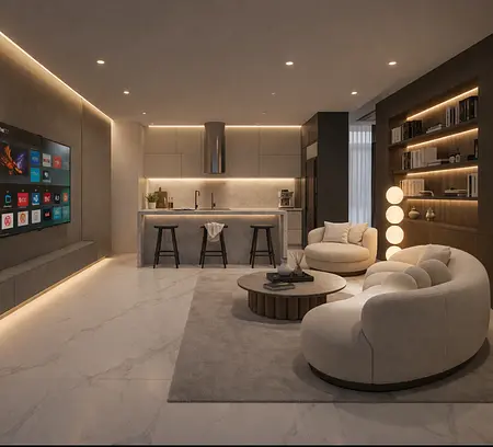 Nowoczesne wnętrze kuchni w stylu soft minimalizm i współczesnym z jasnymi meblami.