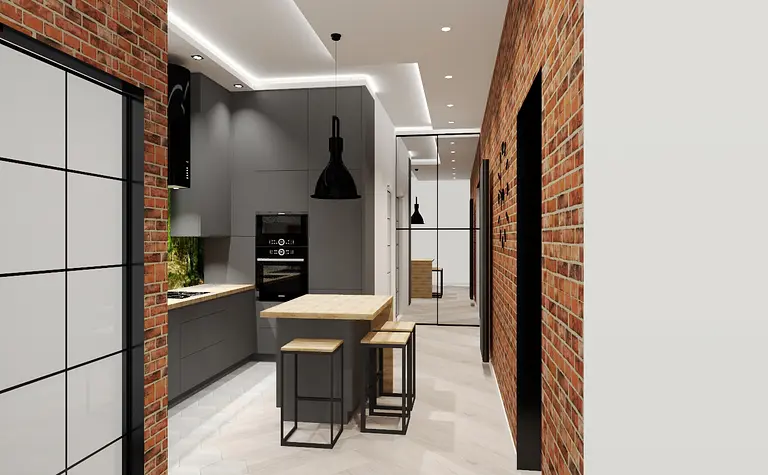 Wnętrze kuchni z szarymi meblami i ceglaną ścianą, styl industrialny, minimalistyczny, nowoczesny.