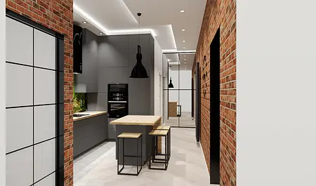 Wnętrze kuchni z szarymi meblami i ceglaną ścianą, styl industrialny, minimalistyczny, nowoczesny.