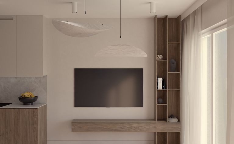 Wnętrze salonu w stylu japandi, minimalistycznym z drewnianymi akcentami