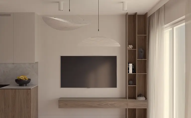 Wnętrze salonu w stylu japandi, minimalistycznym z drewnianymi akcentami
