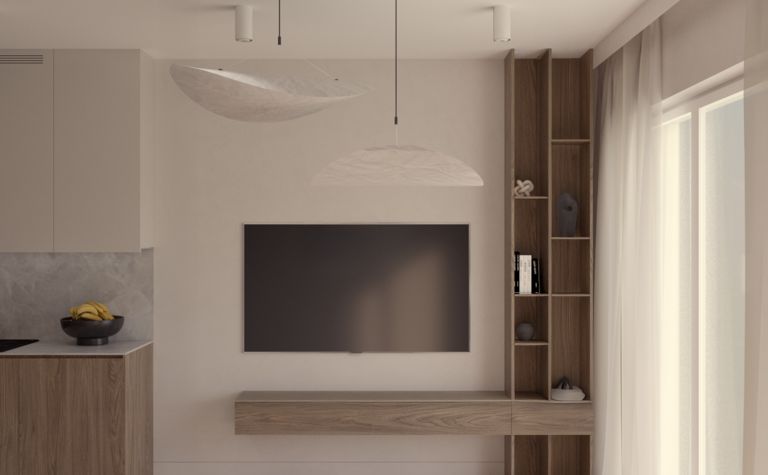 Wnętrze salonu w stylu japandi, minimalistycznym z drewnianymi akcentami