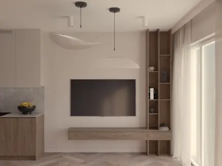 Wnętrze salonu w stylu japandi, minimalistycznym z drewnianymi akcentami