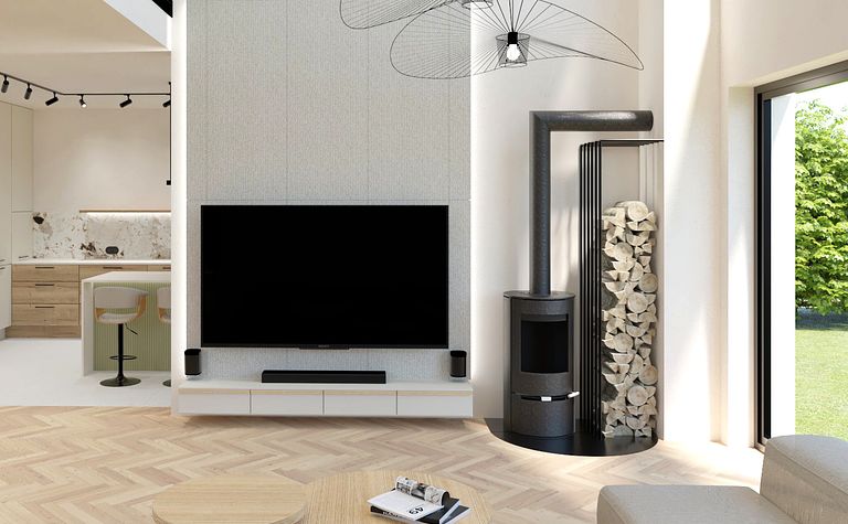 Projekt kompleksowy parteru domu jednorodzinnego typu nowoczesna stodoła pod Warszawą.