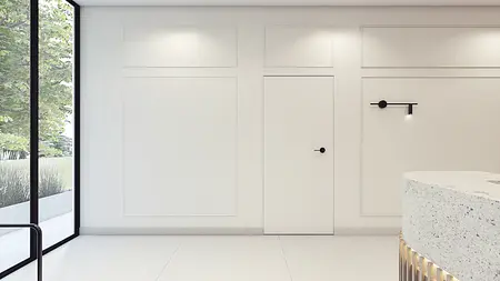 Minimalistyczne wnętrze z białymi ścianami i nowoczesnym oświetleniem.