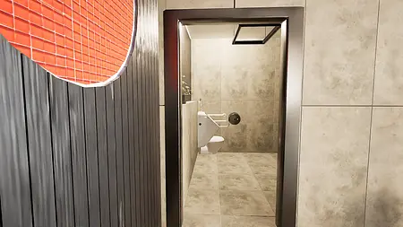 Wnętrze łazienki z szarymi płytkami, białym WC, minimalistyczne, nowoczesne.