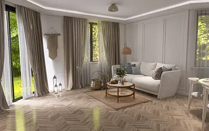 Stylowy salon w jasnych tonacjach z beżowymi zasłonami, dużą sofą i drewnianym stolikiem kawowym na jutowym dywanie. Duże okna wpuszczają naturalne światło, a dekoracje w stylu boho dodają wnętrzu przytulności.