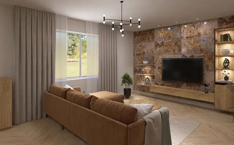 Wnętrze salonu z brązową sofą, drewnianymi elementami, tradycyjne i współczesne style.