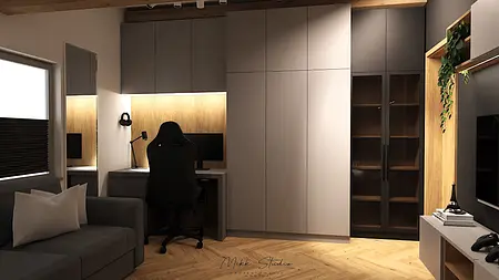 Wnętrze biura w stylu boho i nowoczesnym z szarymi meblami i drewnianymi detalami.