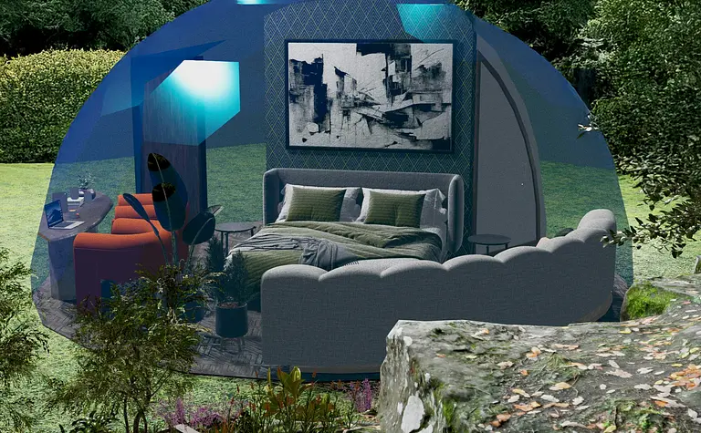 Wnętrze domku w ogrodzie, minimalistyczne, nowoczesne, quiet luxury, współczesne.