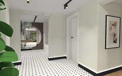 Przedpokój w stylu prowansalskim z białymi ścianami i czarnymi detalami.