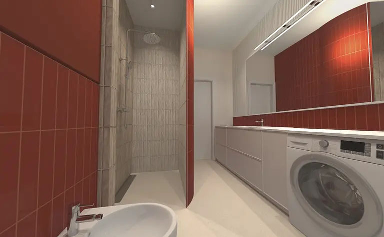Nowoczesna łazienka z prysznicem, pralką i czerwoną glazurą.