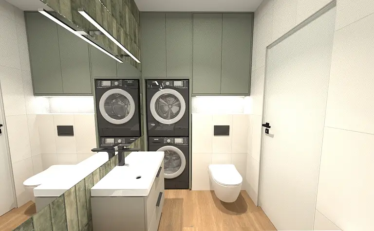 Współczesna łazienka z zielonymi szafkami i pralką