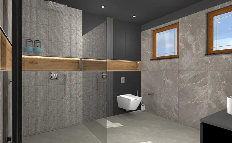 Nowoczesna łazienka z szarymi płytkami, drewnem i minimalistycznym wystrojem. Dopamine decor, industrialny, skandynawski.