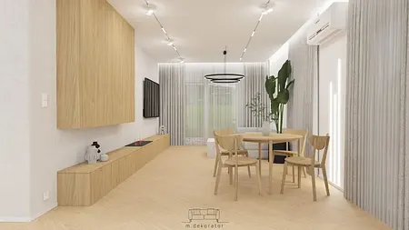 Wnętrze salonu w stylu japandi z drewnem i minimalizmem.
