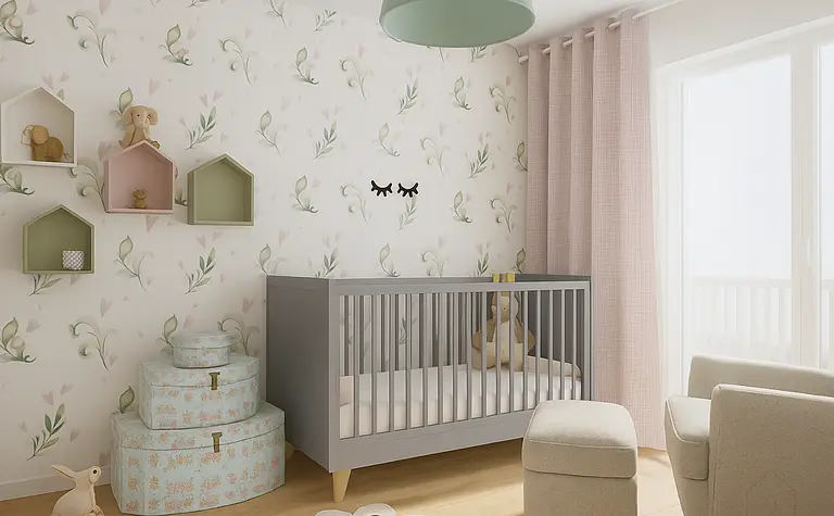Pokój dziecięcy w stylu minimalistycznym z łóżeczkiem, zabawkami i dekoracjami.