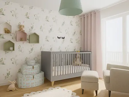 Pokój dziecięcy w stylu minimalistycznym z łóżeczkiem, zabawkami i dekoracjami.