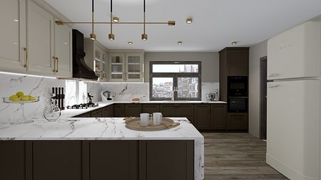 Kuchnia z nowoczesnymi i tradycyjnymi elementami, marmurowe blaty i ciemne meble.