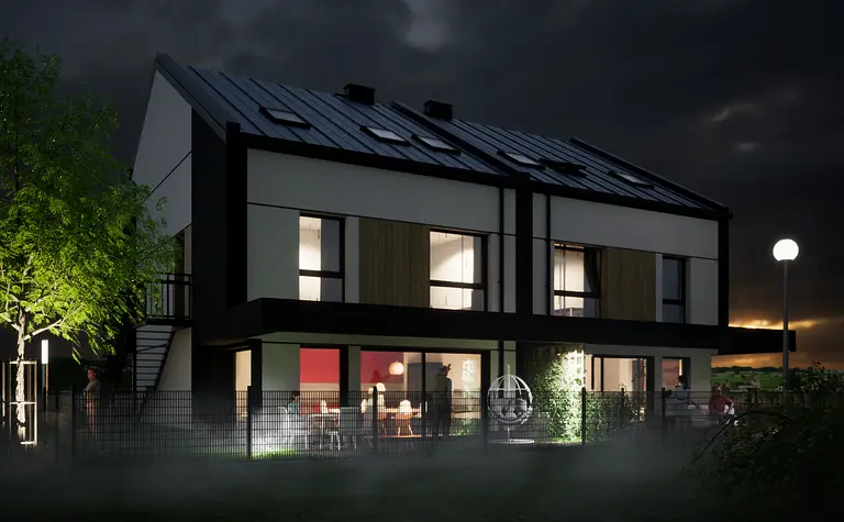Nowoczesny dom z dużymi oknami, zieloną roślinnością, w stylu eklektycznym i industrialnym.