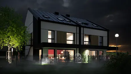 Nowoczesny dom z dużymi oknami, zieloną roślinnością, w stylu eklektycznym i industrialnym.