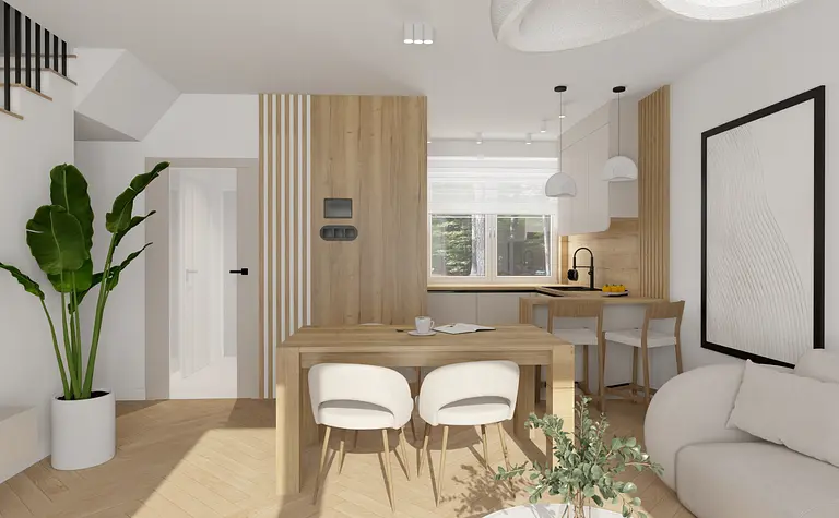 Wnętrze kuchni boho-japandi z drewnianymi akcentami i roślinami.