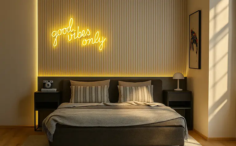 Sypialnia z szarym łóżkiem, żółtym oświetleniem i dekoracjami