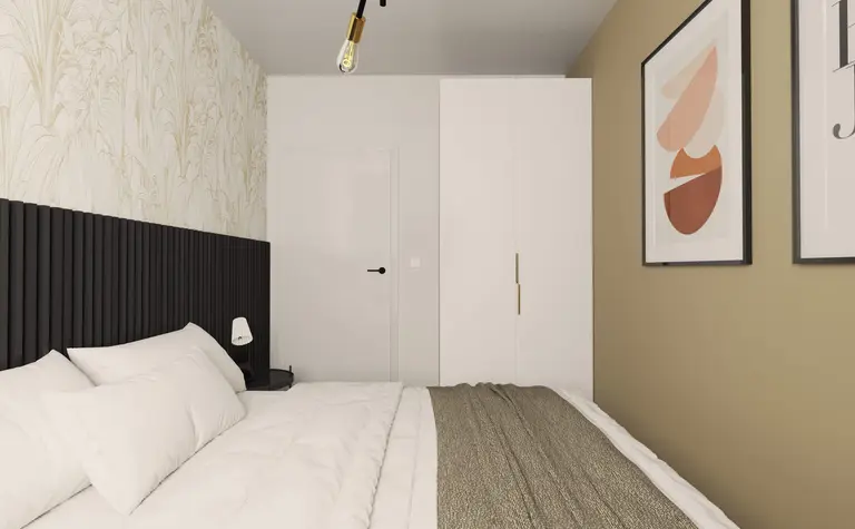 Sypialnia w stylu boho z minimalistycznymi detalami i eklektycznymi elementami.