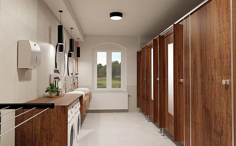 Nowoczesna łazienka z drewnianymi szafkami, minimalistycznym wystrojem i industrialnymi detalami.