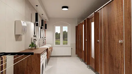 Nowoczesna łazienka z drewnianymi szafkami, minimalistycznym wystrojem i industrialnymi detalami.