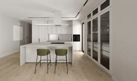 Kuchnia w stylu minimalistycznym z białymi meblami i drewnianą podłogą