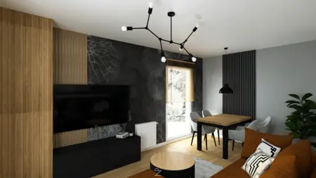 Wnętrze salonu w stylu industrialnym i minimalistycznym z drewnem i czernią.